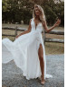 Plunging Neck Ivory Lace Tulle Slit Romantic Wedding Dress